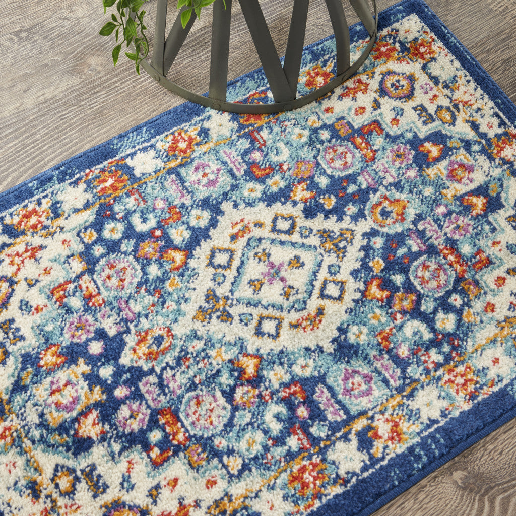 2' X 3' Blue And Ivory Medallion Scatter Rug