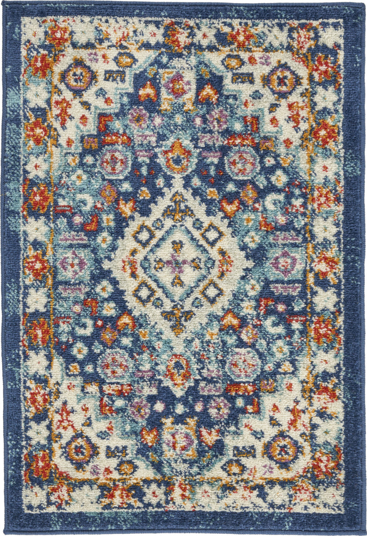 2' X 3' Blue And Ivory Medallion Scatter Rug