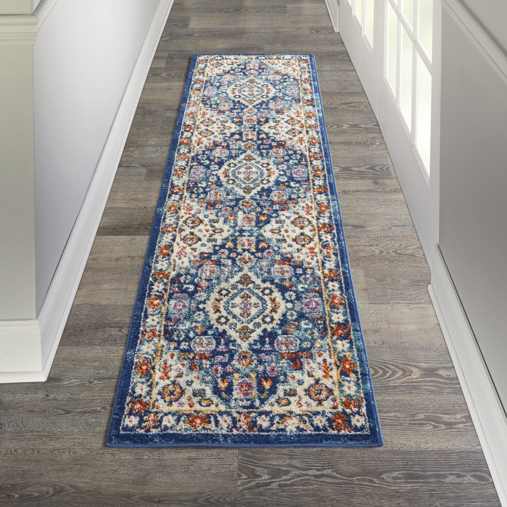 2' X 3' Blue And Ivory Medallion Scatter Rug