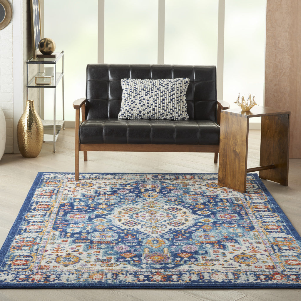 2' X 3' Blue And Ivory Medallion Scatter Rug