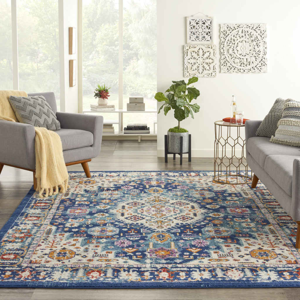 2' X 3' Blue And Ivory Medallion Scatter Rug