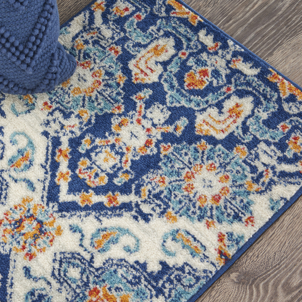 2' X 3' Blue And Ivory Floral Power Loom Area Rug