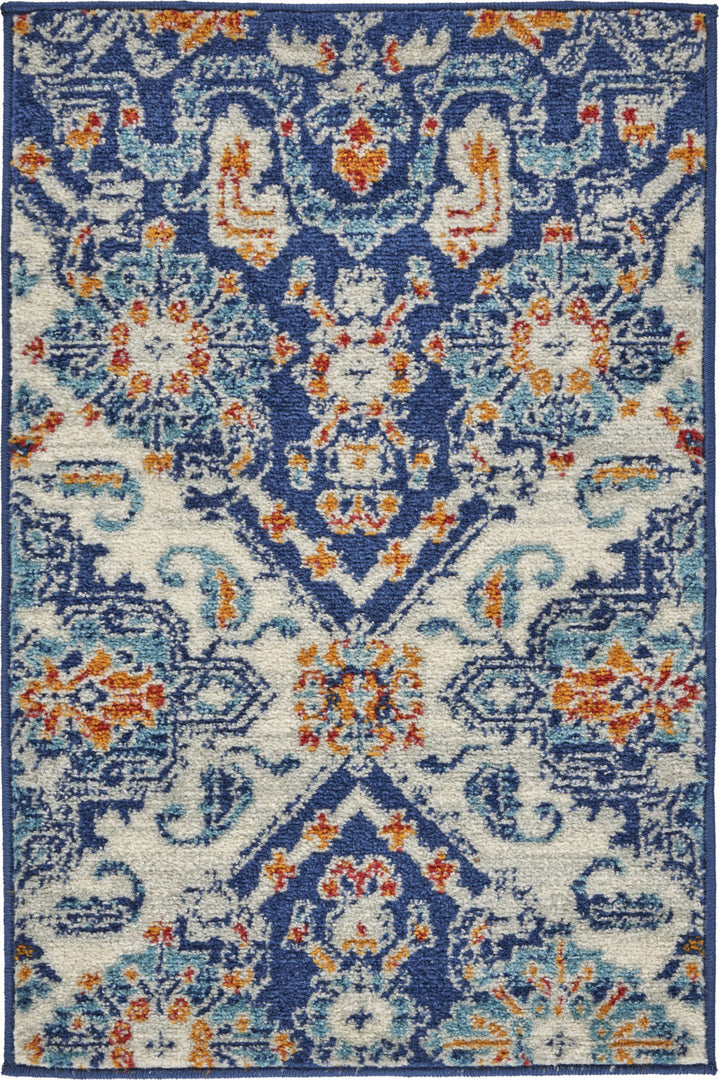 2' X 3' Blue And Ivory Floral Power Loom Area Rug