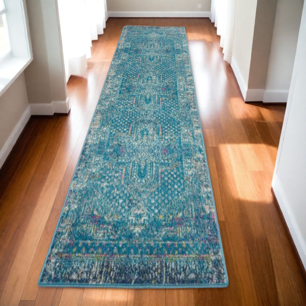 10' Blue Southwestern Power Loom Runner Rug