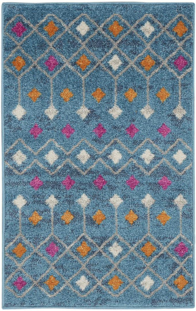 2' X 3' Blue And Orange Geometric Dhurrie Area Rug