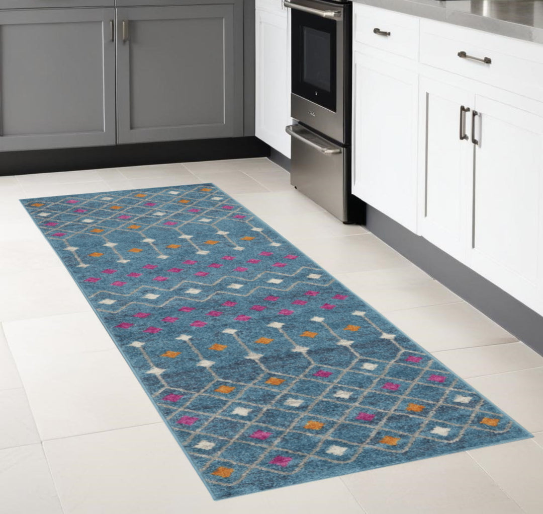 2' X 3' Blue And Orange Geometric Dhurrie Area Rug