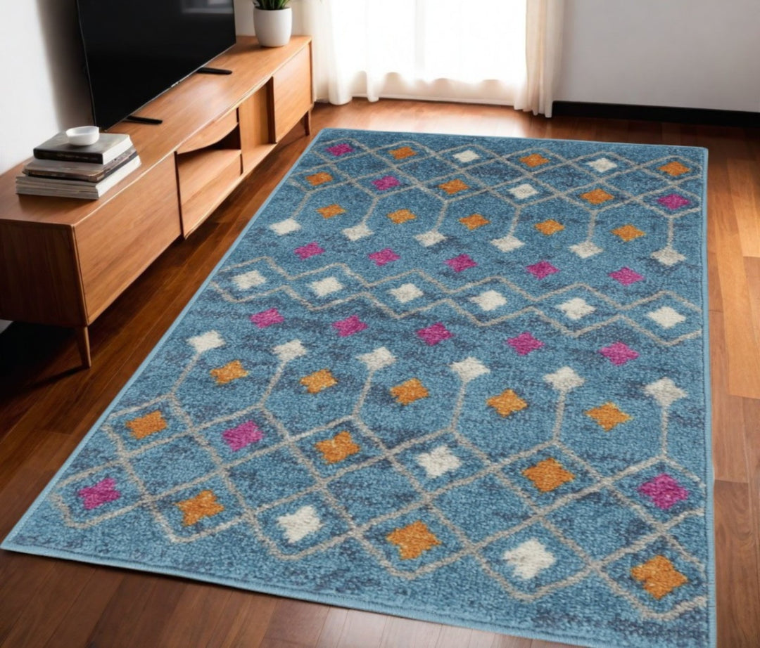 2' X 3' Blue And Orange Geometric Dhurrie Area Rug