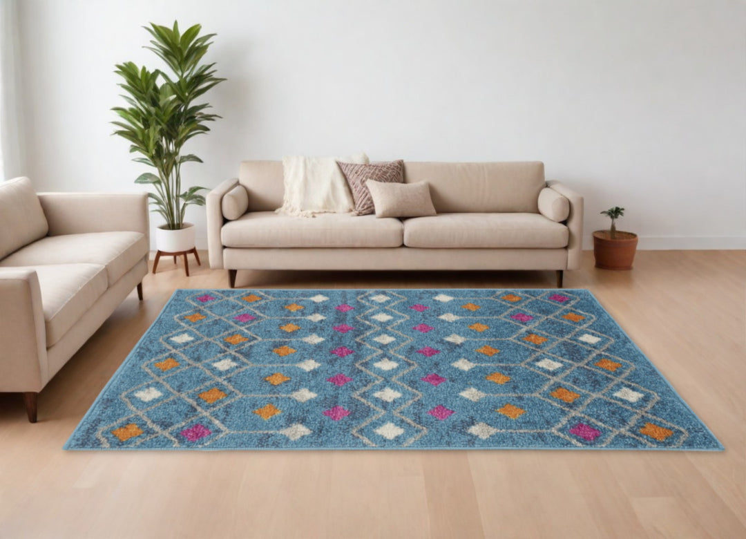 2' X 3' Blue And Orange Geometric Dhurrie Area Rug