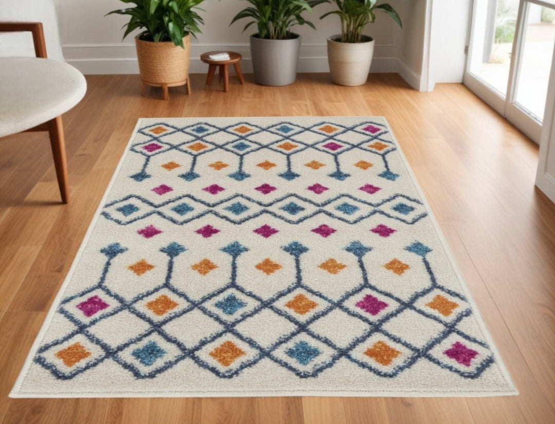 2' X 3' Blue And Ivory Geometric Dhurrie Area Rug