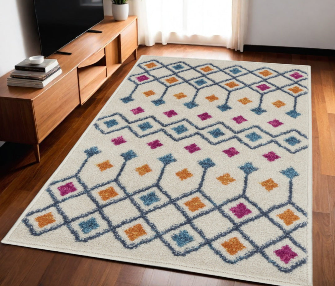 2' X 3' Blue And Ivory Geometric Dhurrie Area Rug