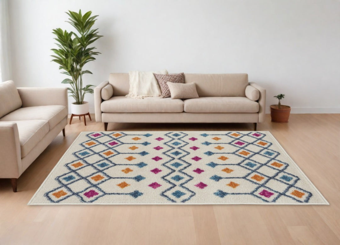 2' X 3' Blue And Ivory Geometric Dhurrie Area Rug