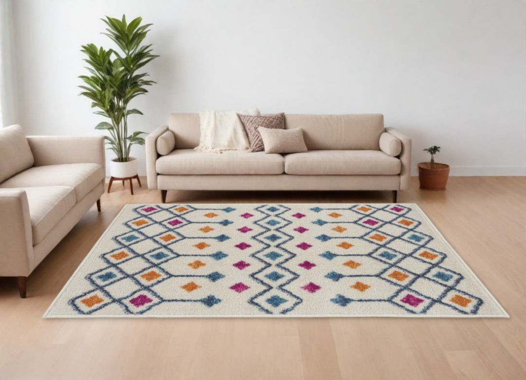 2' X 3' Blue And Ivory Geometric Dhurrie Area Rug