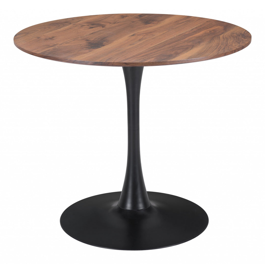 35" Brown and Black Round Dining Table with Steel Pedestal Base