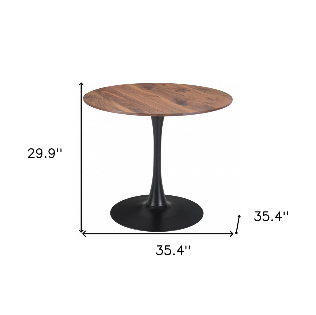 35" Brown and Black Round Dining Table with Steel Pedestal Base