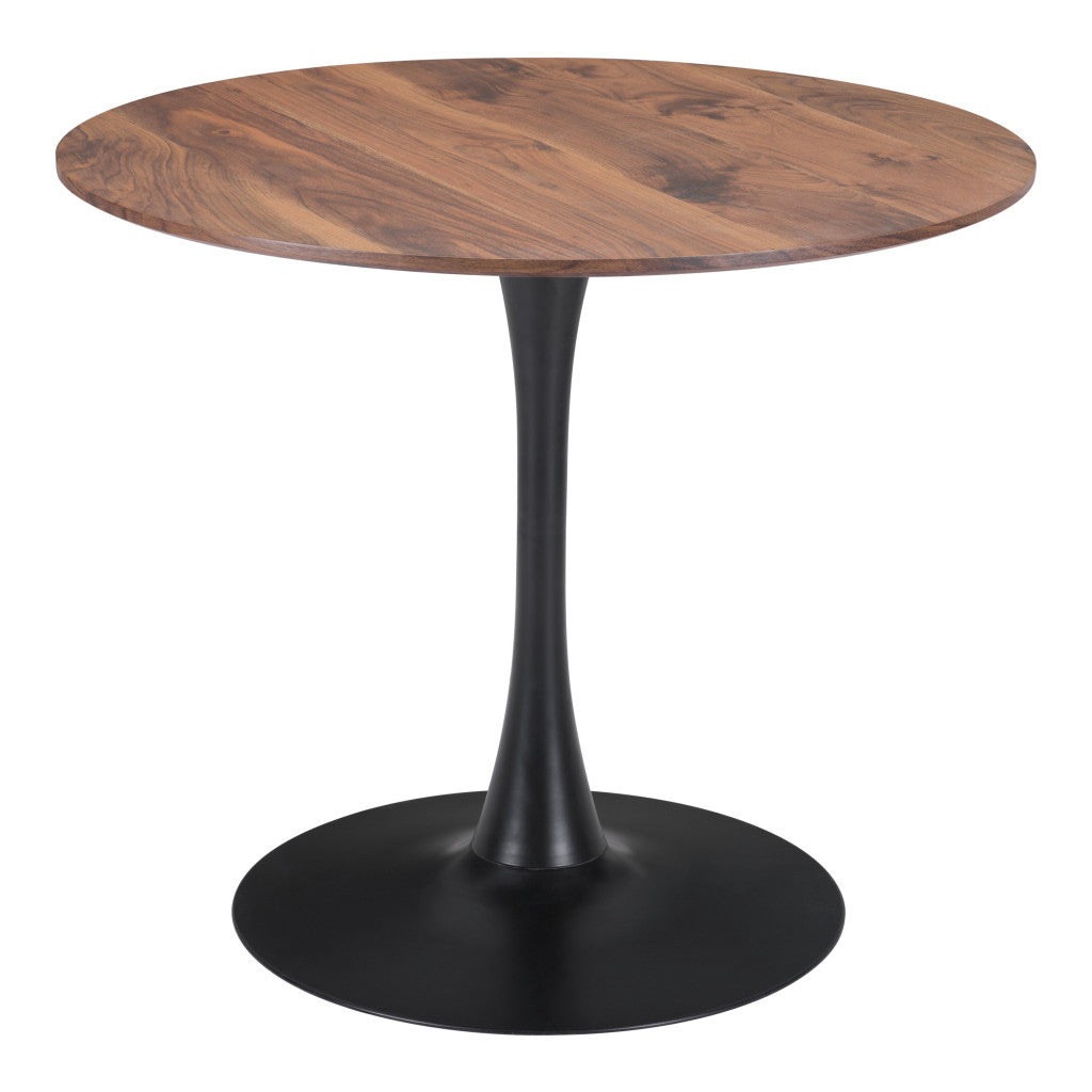 35" Brown and Black Round Dining Table with Steel Pedestal Base