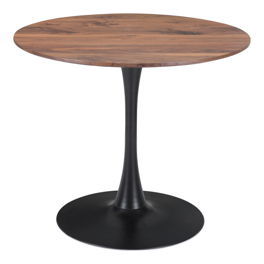 35" Brown and Black Round Dining Table with Steel Pedestal Base