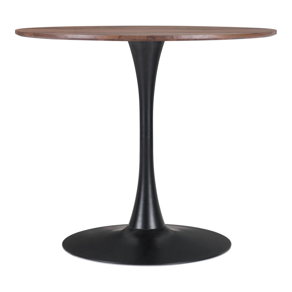 35" Brown and Black Round Dining Table with Steel Pedestal Base