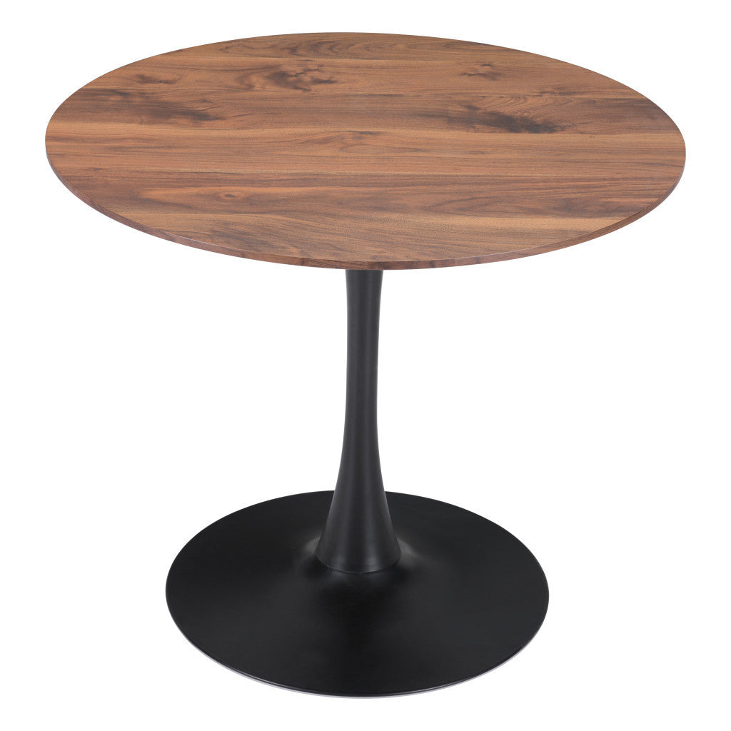 35" Brown and Black Round Dining Table with Steel Pedestal Base