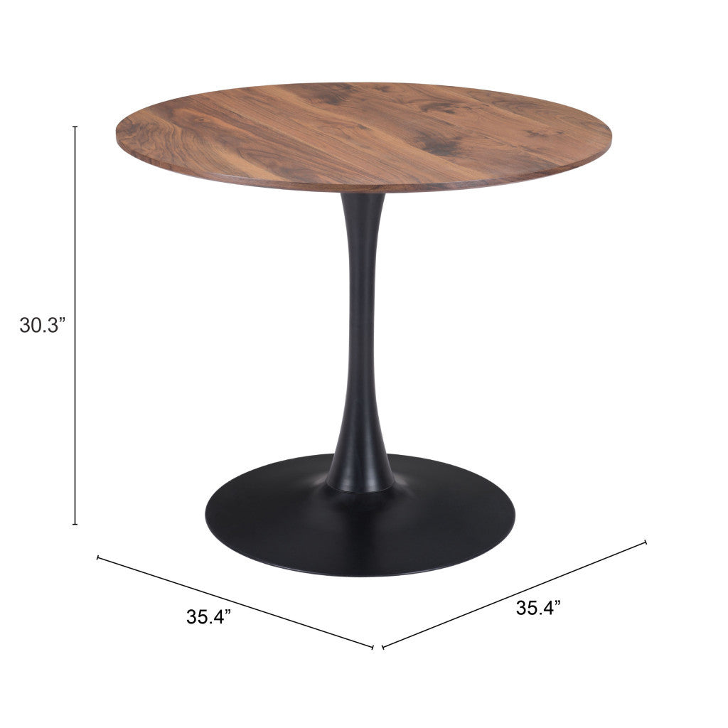 35" Brown and Black Round Dining Table with Steel Pedestal Base