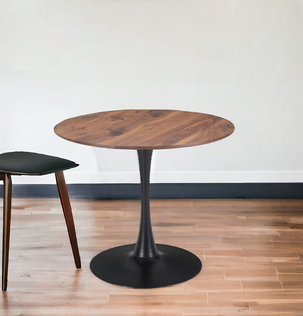 35" Brown and Black Round Dining Table with Steel Pedestal Base