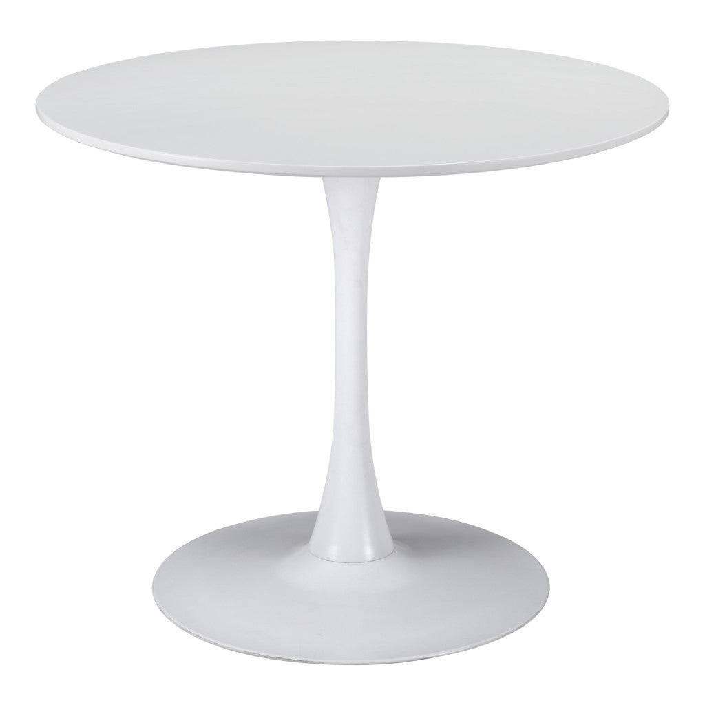 35" White Round Pedestal Dining Table with Steel Base