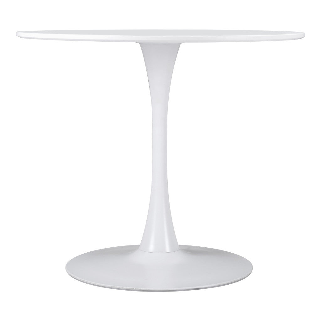 35" White Round Pedestal Dining Table with Steel Base