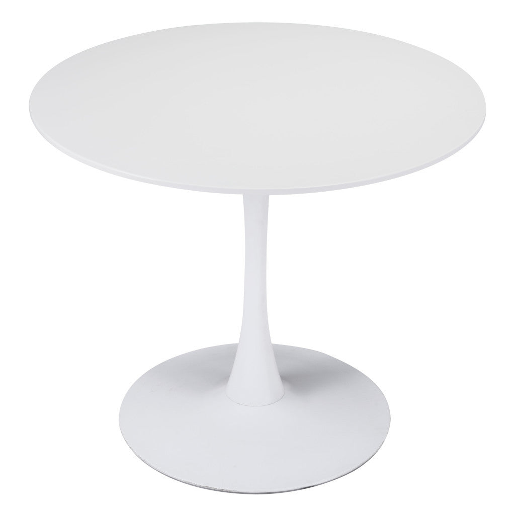 35" White Round Pedestal Dining Table with Steel Base