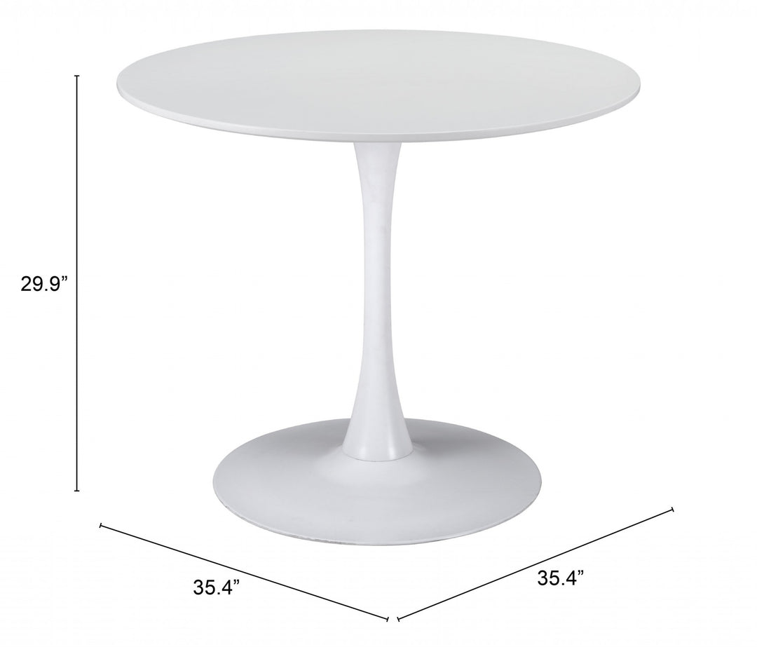 35" White Round Pedestal Dining Table with Steel Base