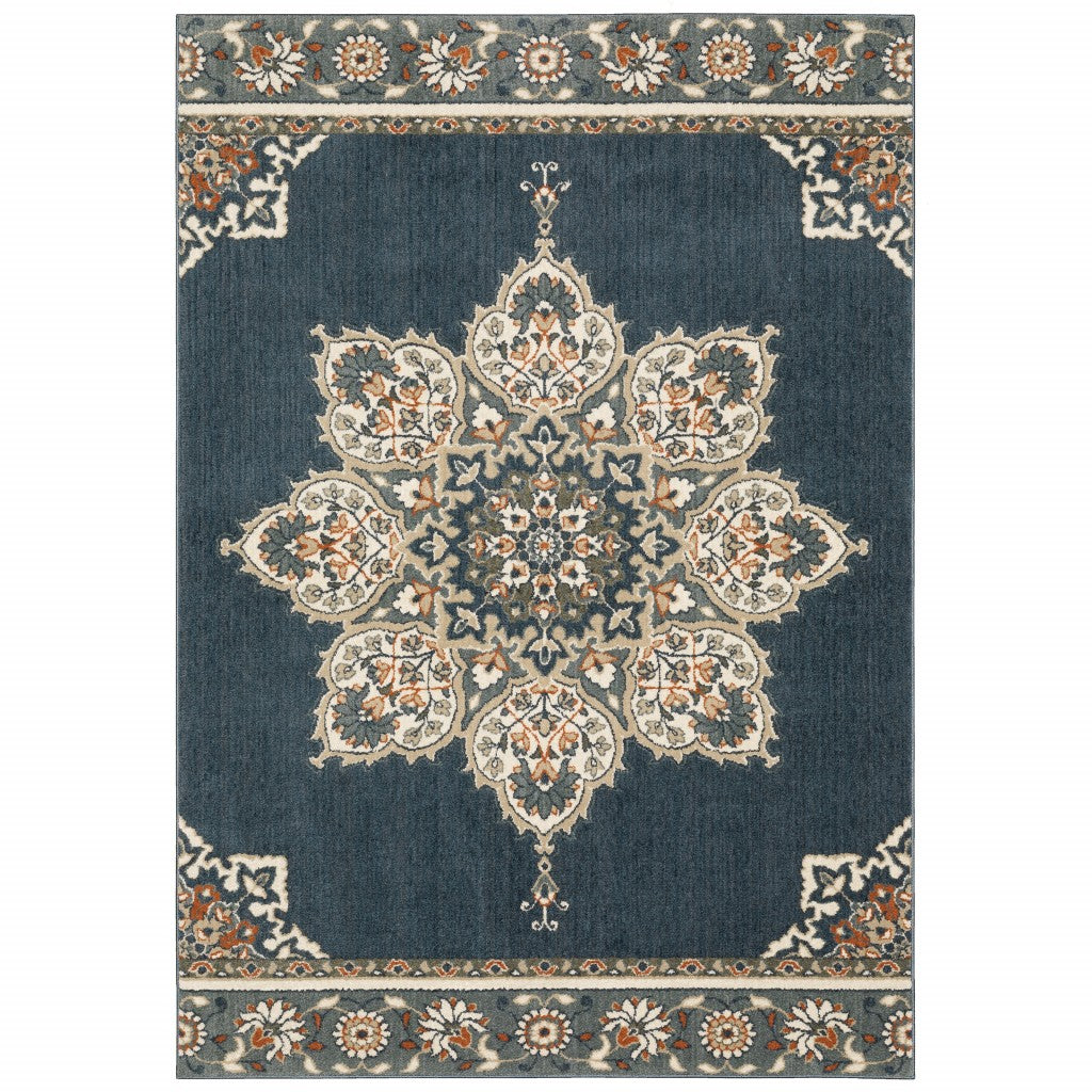 10' X 13' Blue And Beige Floral Medallion Indoor Area Rug