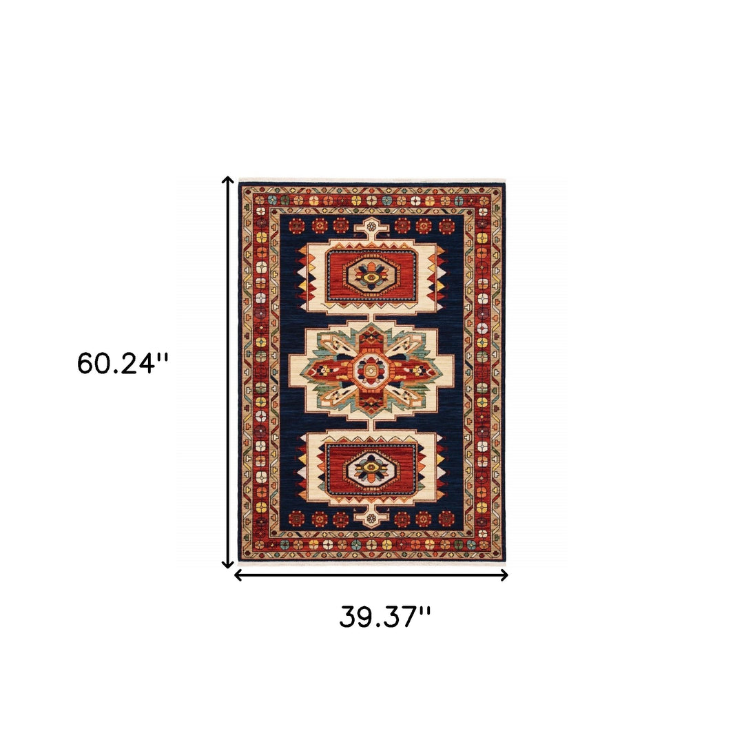 2' X 3' Blue Red Machine Woven Medallions Indoor Area Rug