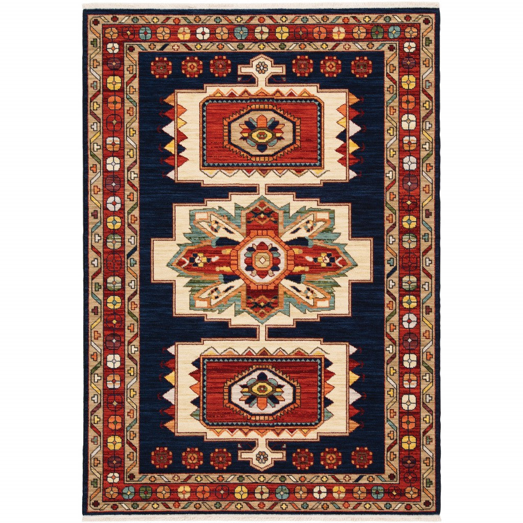 2' X 3' Blue Red Machine Woven Medallions Indoor Area Rug