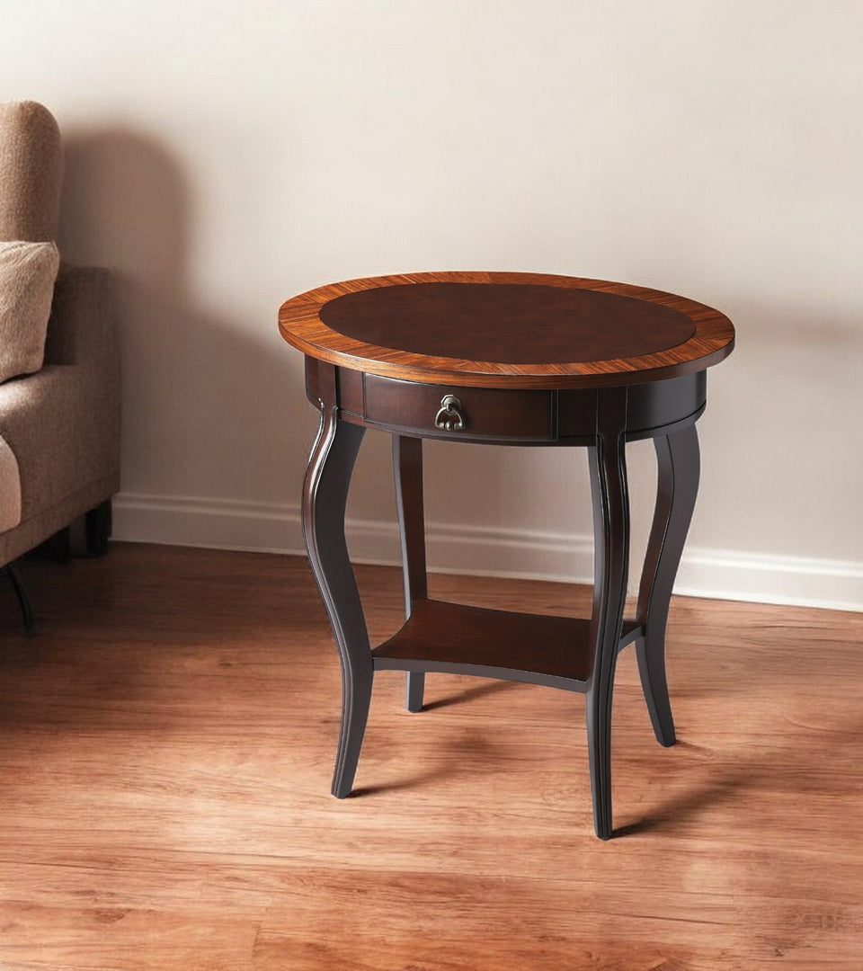 25" Brown Wood Oval Coffee Table With Drawer And Shelf