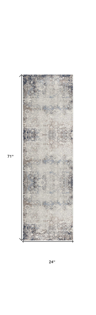 2' X 10' Navy And Beige Distressed Vines Runner Rug