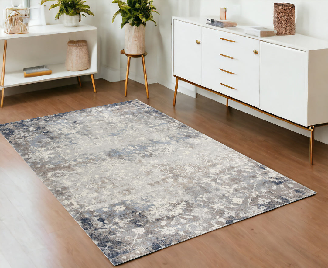 2' X 10' Navy And Beige Distressed Vines Runner Rug