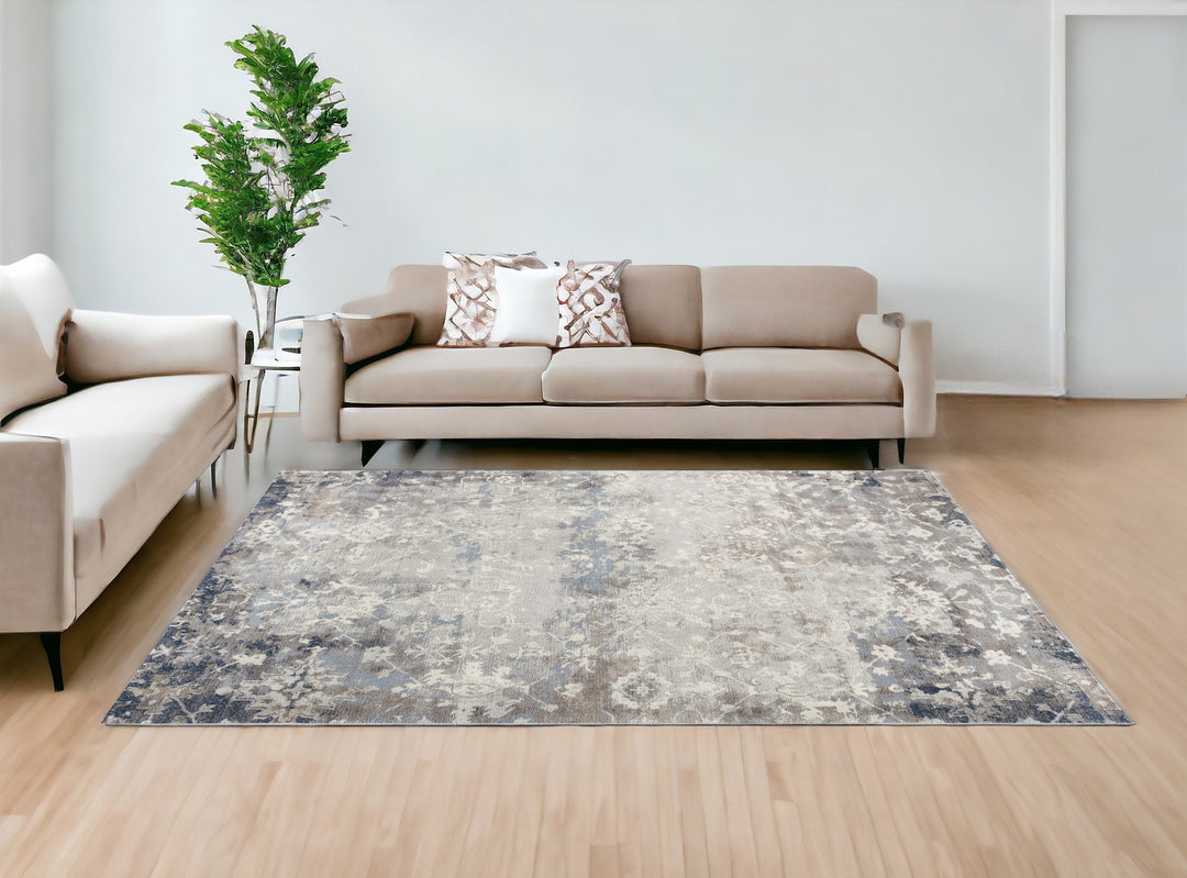 2' X 10' Navy And Beige Distressed Vines Runner Rug