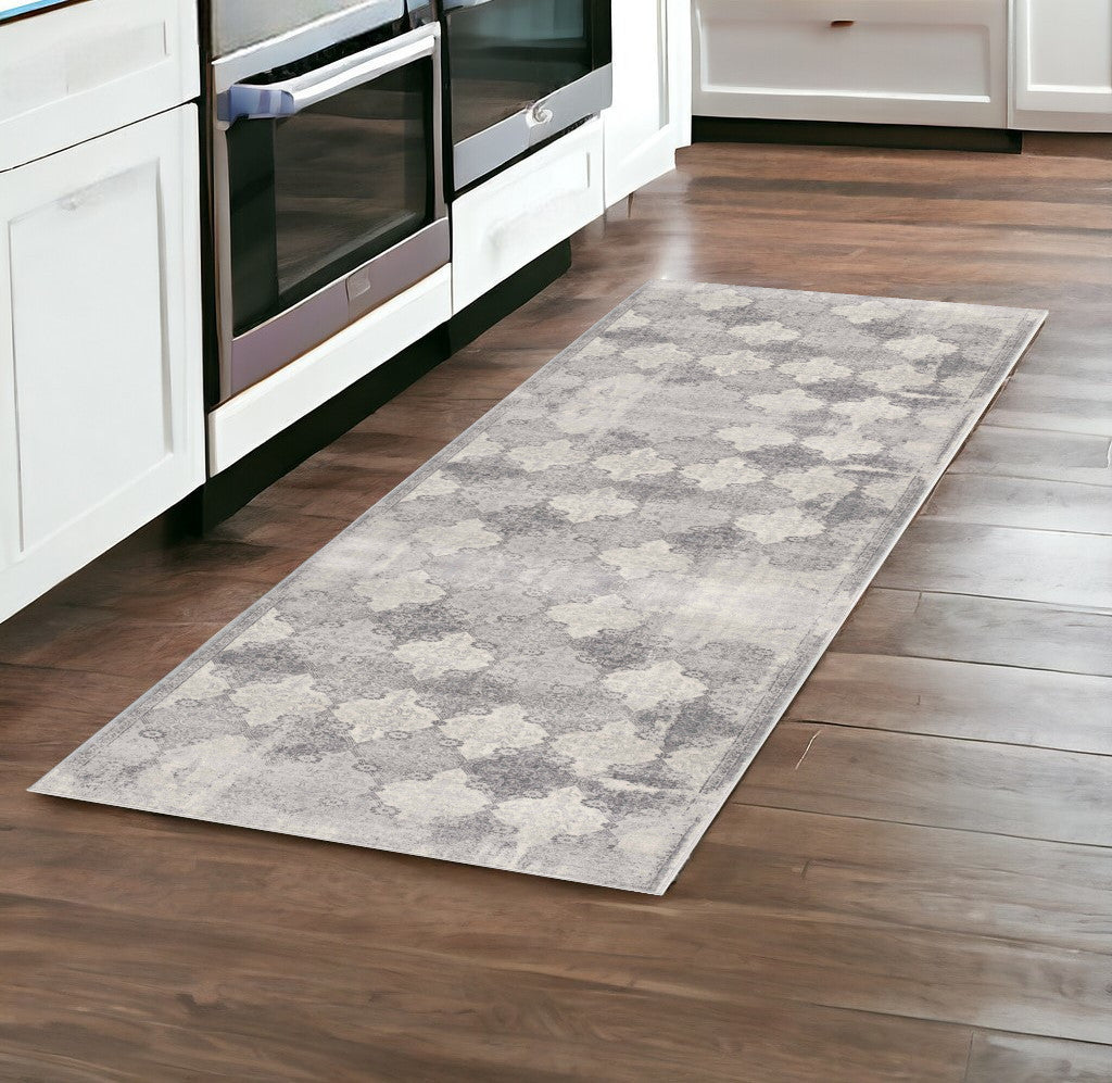 2' X 8' Gray Distressed Trellis Pattern Runner Rug