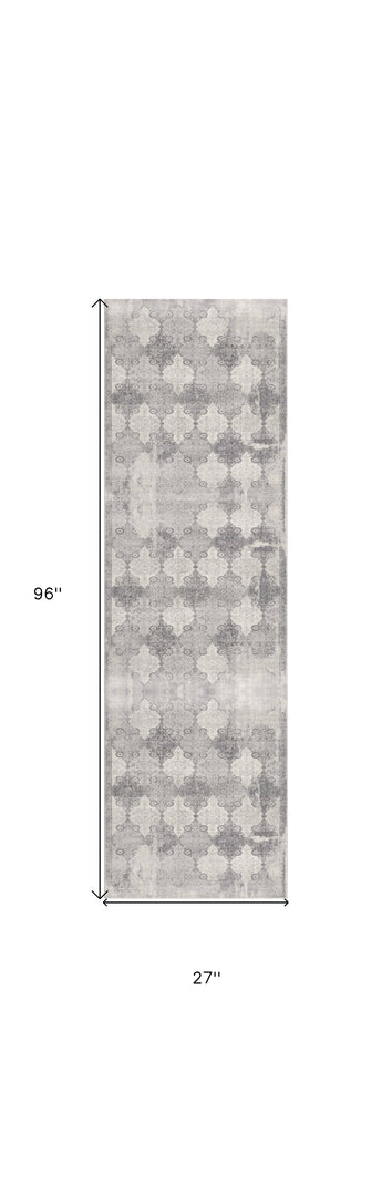 2' X 8' Gray Distressed Trellis Pattern Runner Rug