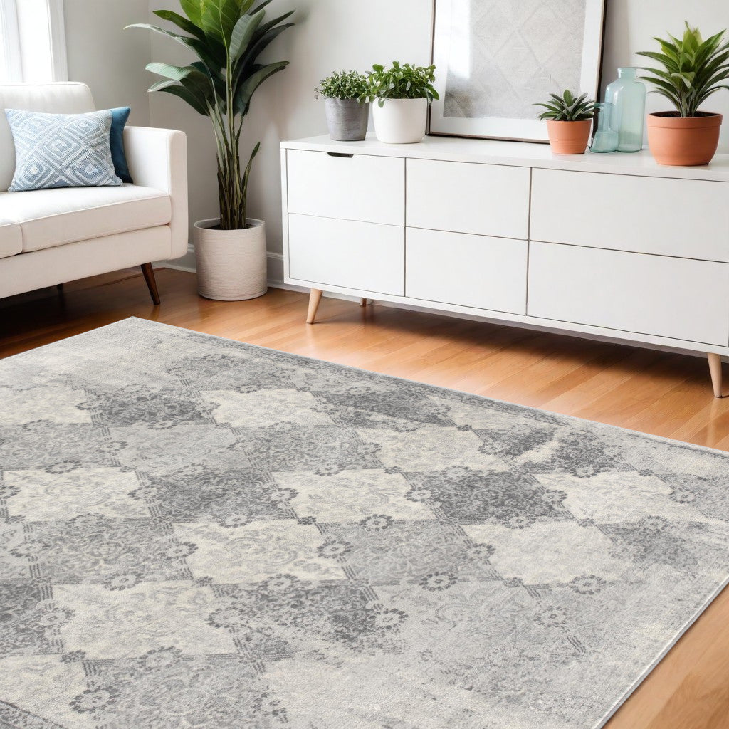 2' X 8' Gray Distressed Trellis Pattern Runner Rug