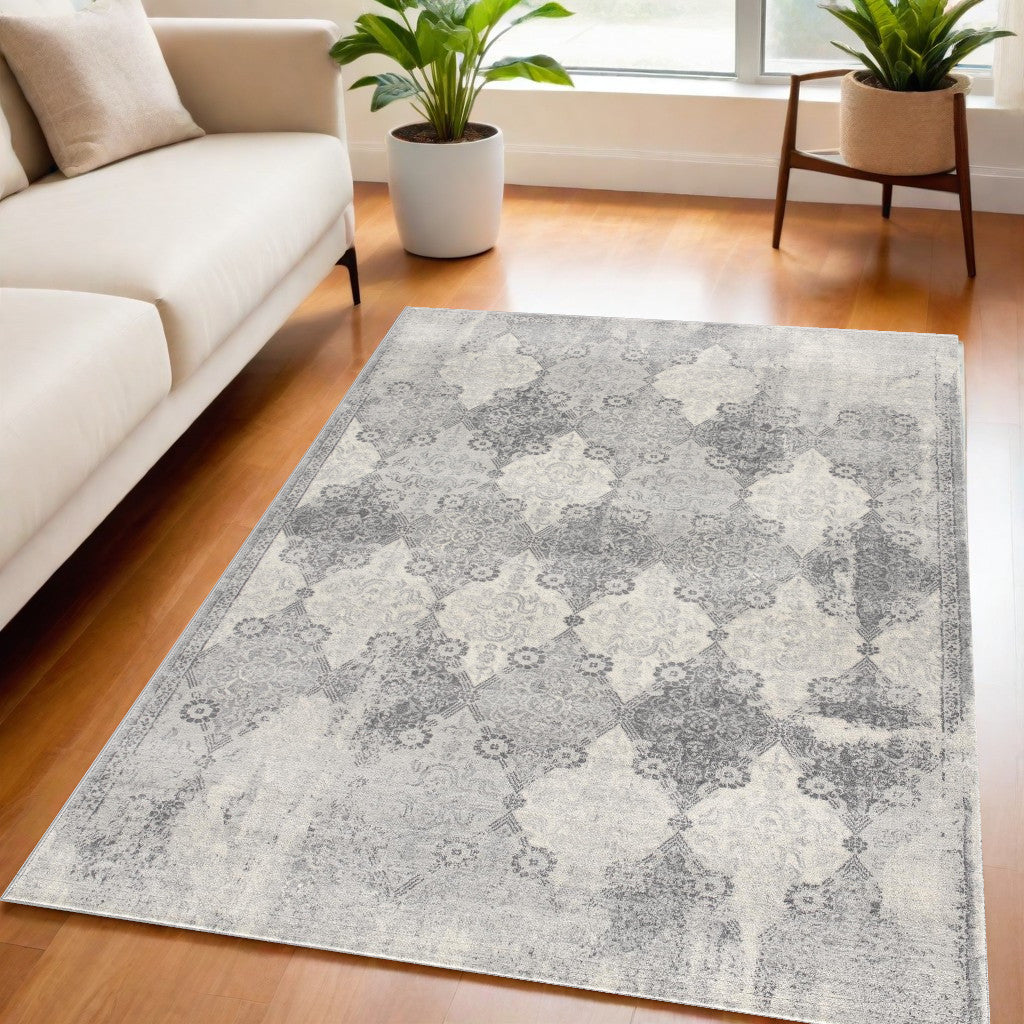 2' X 8' Gray Distressed Trellis Pattern Runner Rug