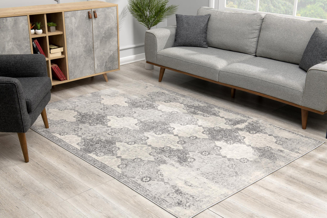 2' X 8' Gray Distressed Trellis Pattern Runner Rug