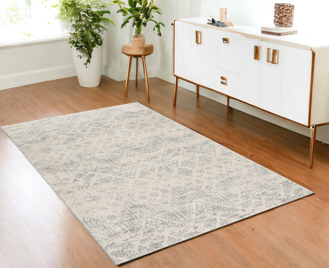 2' X 3' Ivory Distressed Ikat Pattern Scatter Rug