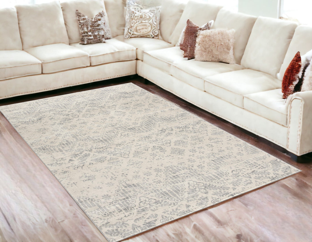 2' X 3' Ivory Distressed Ikat Pattern Scatter Rug