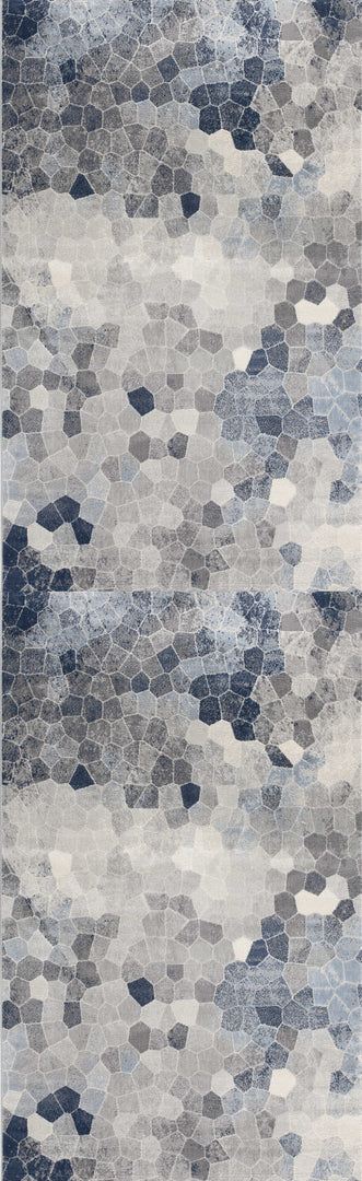 Blue and Ivory Geometric Cobblestone Runner Rug