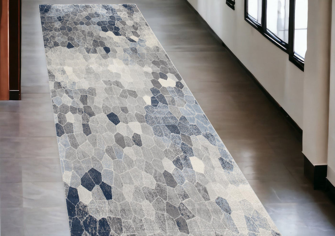 Blue and Ivory Geometric Cobblestone Runner Rug