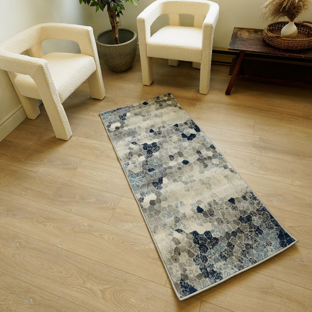 Blue and Ivory Geometric Cobblestone Runner Rug