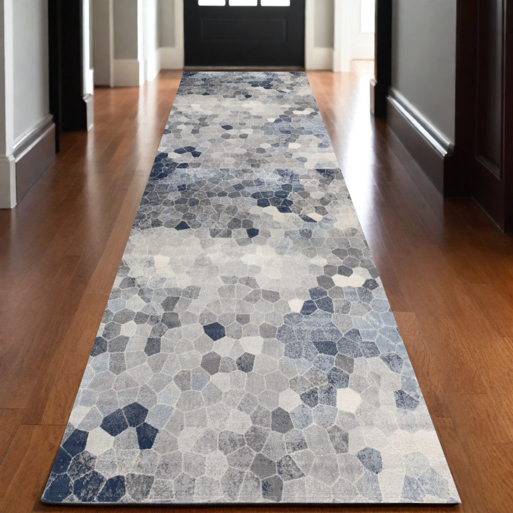 Blue and Ivory Geometric Cobblestone Runner Rug