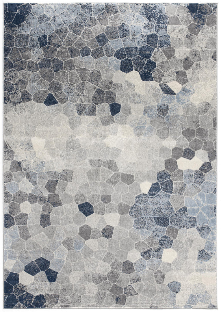 Blue and Ivory Geometric Cobblestone Runner Rug