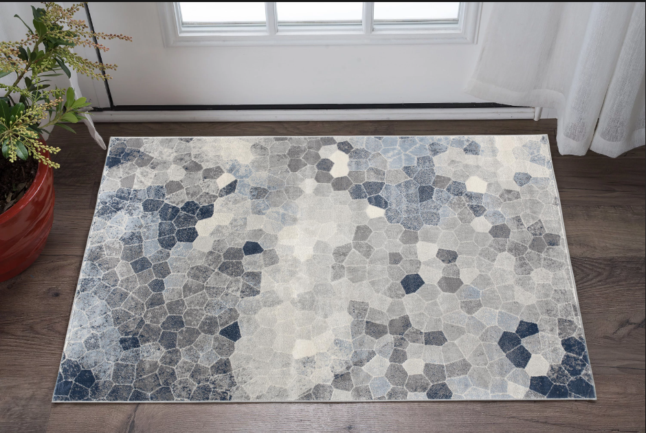 Blue and Ivory Geometric Cobblestone Runner Rug