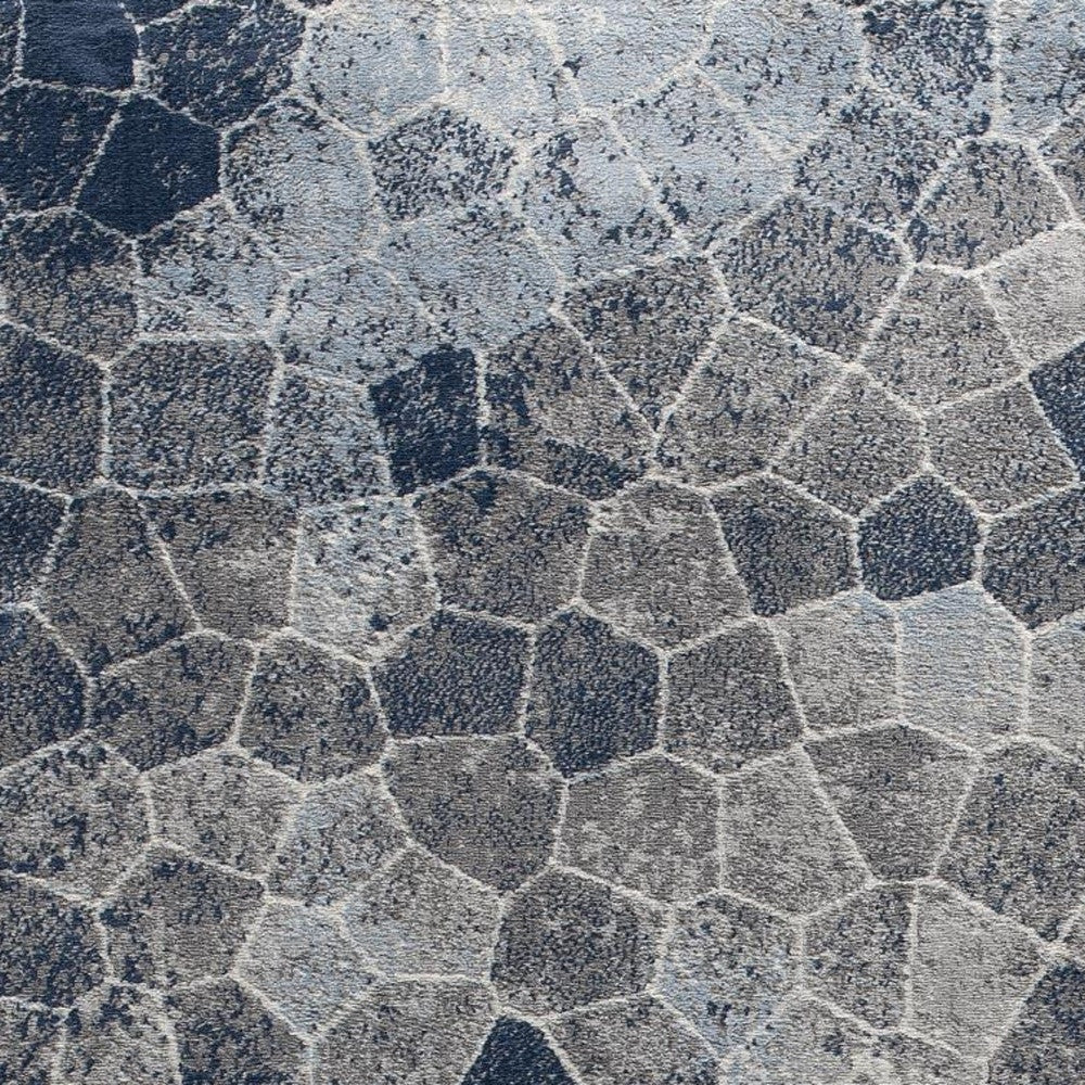 Blue and Ivory Geometric Cobblestone Runner Rug