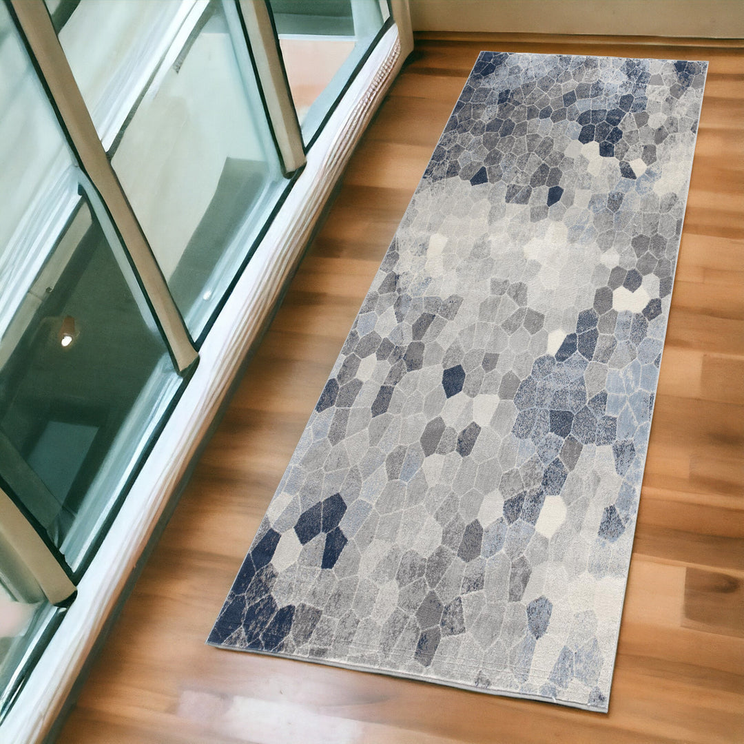 Blue and Ivory Geometric Cobblestone Runner Rug